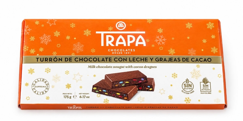 Turrón de chocolate con leche con grageas de cacao